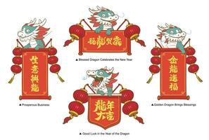 mignonne dessin animé chinois dragon en portant rouge printemps distiques pour chinois Nouveau année fête - 2024 vecteur illustration. année de le dragon, adapté pour carte ou bannière modèle