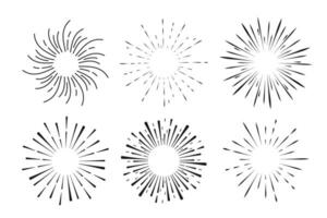 ensemble feux d'artifice, des rayons, sunburst cadres cercle frontière décoration, scintillait dans griffonnage style, ligne esquisser explosion isolé sur blanc Contexte. vecteur illustration