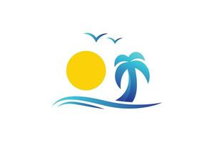 la nature plage vacances, vague et Soleil avec paume arbre vecteur logo conception