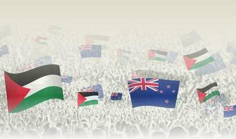 Palestine et Nouveau zélande drapeaux dans une foule de applaudissement personnes. vecteur