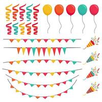 ensemble de des ballons, fête popper pétards et guirlande drapeaux. une collection de de fête anniversaire éléments. vecteur isolé éléments dans plat dessin animé style