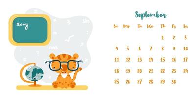 calendrier pour septembre 2022 avec tigre étudiant mignon de bande dessinée vecteur