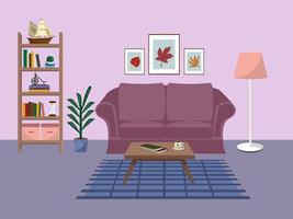 intérieur du salon avec canapé confortable, bibliothèque, plantes d'intérieur et décorations pour la maison. illustration vectorielle de dessin animé plat vecteur