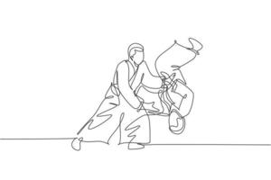 dessin au trait continu unique d'un jeune homme sportif portant un kimono s'exerçant à lancer l'ennemi dans la technique de combat d'aïkido. concept d'art martial japonais. illustration vectorielle de conception de dessin à la mode une ligne vecteur