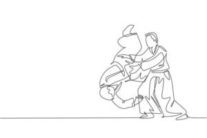 un dessin au trait unique de deux jeunes hommes énergiques portant un kimono exerce la technique de slam d'aïkido dans l'illustration vectorielle de la salle de sport. concept de sport de mode de vie sain. conception de dessin de ligne continue moderne vecteur