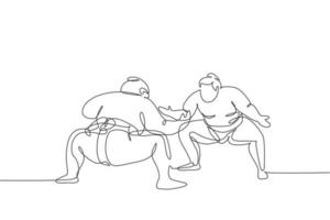 Une seule ligne continue dessinant deux jeunes gros hommes de sumo japonais qui s'entraînent au combat au centre de gym de l'arène. concept d'art martial de festival traditionnel. Une ligne à la mode dessiner illustration vectorielle graphique de conception vecteur