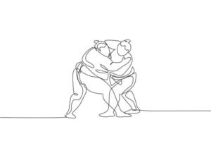 Une seule ligne continue dessinant deux jeunes gros hommes de sumo japonais qui s'entraînent au combat au centre de gym de l'arène. concept d'art martial de festival traditionnel. Une ligne à la mode dessiner illustration vectorielle graphique de conception vecteur