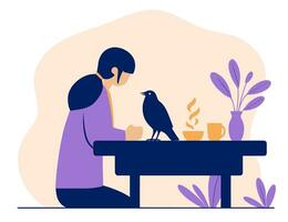 une femme séance à une table avec une oiseau, Japonais style vecteur illustration.