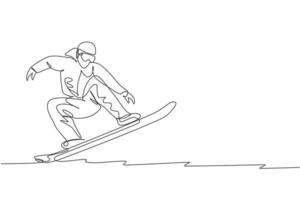 un seul dessin au trait jeune homme de snowboarder énergique monte un snowboard rapide à l'illustration vectorielle graphique de la montagne enneigée. concept de sport de style de vie de vacances touristiques. conception de dessin de ligne continue moderne vecteur