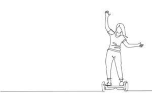 un seul dessin au trait d'un jeune homme énergique chevauchant un hoverboard à l'illustration vectorielle du parc de la ville. futur transport de scooter gyroscopique. concept de mode de vie urbain sain. conception de dessin de ligne continue moderne