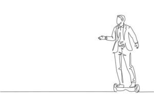 dessin au trait continu unique d'un jeune homme d'affaires heureux chevauchant un hoverboard pour se rendre à l'entreprise. transport respectueux de l'environnement. concept de mode de vie urbain. illustration vectorielle de conception de dessin à la mode une ligne vecteur