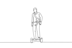 un dessin au trait continu d'un jeune homme ouvrier heureux se tient debout et se rend au bureau en hoverboard. transports verts. futur concept de mode de vie urbain. illustration vectorielle de dessin dynamique à une seule ligne