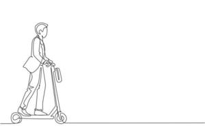 un dessin au trait continu d'un jeune travailleur en scooter électrique pour aller au bureau. transports verts. futur concept de mode de vie urbain. illustration vectorielle de dessin dynamique à une seule ligne vecteur