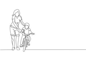 dessin au trait continu unique d'un jeune garçon apprenant à faire du vélo avec sa mère dans un parc extérieur. leçon de parentalité. concept de temps en famille. Une ligne à la mode dessiner illustration vectorielle de conception graphique vecteur