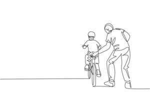 dessin au trait continu unique d'un jeune fils apprenant à faire du vélo avec son père dans un parc extérieur. leçon de parentalité. concept de temps en famille. Une ligne à la mode dessiner illustration vectorielle design graphique vecteur