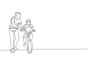 dessin au trait continu unique d'un jeune garçon qui apprend à faire du vélo avec son père dans un parc extérieur. leçon de parentalité. concept de temps en famille. Une ligne à la mode dessiner illustration vectorielle design graphique vecteur