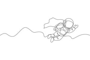 un seul dessin d'astronaute spatial explorant la galaxie cosmique, volant avec une illustration graphique vectorielle en costume d'aile. concept de fiction de la vie dans l'espace extra-atmosphérique fantastique. conception de dessin de ligne continue moderne vecteur