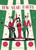 nuit club rétro Nouveau année fête invitation. Années 60 - Années 70 disco style Noël affiche. vecteur illustration avec musical bande dans rouge Noël Vêtements avec Hommes avec guitare et chanteur femme.