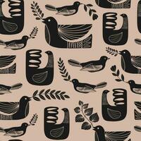 noir populaire ornement avec des oiseaux, fleurs et feuilles sans couture modèle. motif dans scandinave style. ethnique plat abstrait illustration dans noir. vecteur