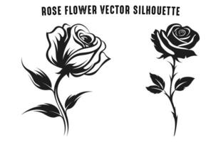 Rose fleur vecteur noir silhouettes isolé sur une blanc arrière-plan, ensemble de décoratif des roses avec feuilles clipart
