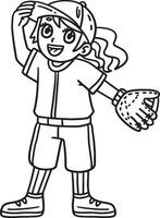 base-ball fille joueur isolé coloration page vecteur