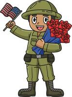 soldat bouquet et drapeau dessin animé coloré clipart vecteur