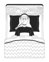 malade grippe patient dans lit noir et blanc dessin animé plat illustration vecteur