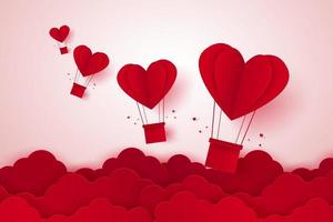 saint valentin, illustration de l'amour, montgolfière en forme de coeur volant sur le ciel, style art papier vecteur