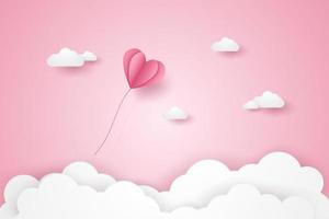 saint valentin, illustration de l'amour, ballon coeur rose volant dans le ciel rose, style art papier vecteur