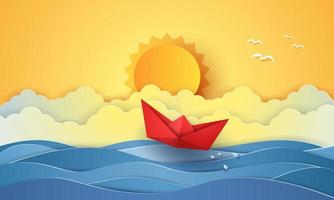 heure d'été, mer avec bateau en origami et soleil, style art papier vecteur