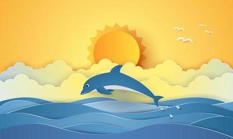heure d'été, mer avec dauphin et soleil, style art papier vecteur