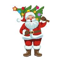 Père Noël claus détient une décoré Noël arbre sur le sien épaule. dessin animé Noël et Nouveau année personnage. vecteur illustration.