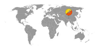 épinglez la carte avec le drapeau du bhoutan sur la carte du monde. illustration vectorielle. vecteur