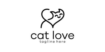 logo conception combinaison de l'amour forme avec chat, minimaliste ligne logo. vecteur