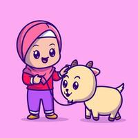 mignonne musulman fille avec chèvre dessin animé vecteur icône illustration. gens animal icône concept isolé prime vecteur. plat dessin animé style