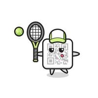 personnage de dessin animé de code qr en tant que joueur de tennis vecteur