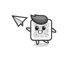 personnage de dessin animé de code qr jetant un avion en papier vecteur