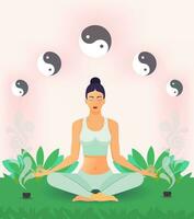 méditatif femme avec yin Yang symbole dans derrière. tranquillité contre le Contexte de verdure et encens fumée. vecteur illustration
