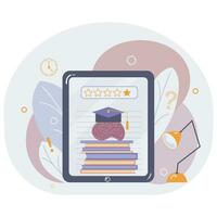 tablette avec une cinq étoiles notation, une empiler de livres et une cerveau dans une l'obtention du diplôme casquette. le concept de un illustration sur éducation et une en bonne santé cerveau vecteur