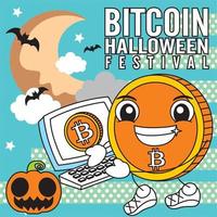 bitcoin cartoon halloween festival édition spéciale vector illustration - modèle d'arrière-plan trait modifiable - événement d'affaires