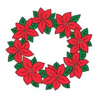 plat dessin animé Noël couronne de poinsettia. vecteur main tiré confortable hiver vacances décoration sur blanc Contexte. bien pour Noël décoration, autocollants