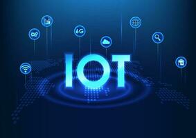 l'Internet de des choses La technologie iot est mis sur le monde carte avec Icônes spectacles le lien de dispositifs par nuage systèmes cette pouvez être utilisé autour le monde via l'Internet signaux. vecteur