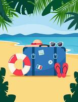 rétro Voyage valise sur tropical plage. plage chapeau, des lunettes de soleil, gonflable cercle, caoutchouc plage chaussons. Voyage concept. été vacances. vecteur illustration.