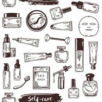 une ensemble de dessiné à la main griffonnage croquis de produits de beauté, beauté, soins auto-administrés éléments. illustration pour beauté salon, cosmétique magasin, maquillage conception. gravé image. vecteur