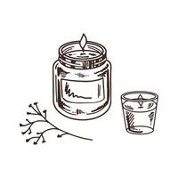 dessiné à la main griffonnage la cire bougies dans une verre bougeoirs-pots avec une brindille. beauté cosmétique élément, soi se soucier. esquisser style. vecteur
