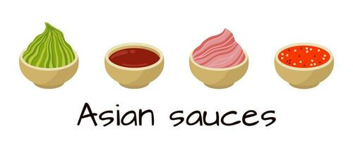 asiatique sauces vecteur ensemble. mariné gingembre, wasabi pâte, Sriracha, soja sauce. salé et épicé assaisonnement pour Sushi, Fruit de mer. savoureux chaud sauces dans en bois soucoupe. plat dessin animé clipart pour imprimer, menu, la toile