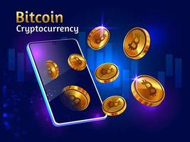 crypto-monnaie bitcoin d'or avec smartphone vecteur