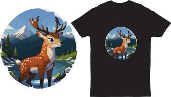 cerf permanent dans Lac sur forêt paysage derrière Montagne t chemise vecteur illustration