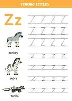 tracé alphabet des lettres pour enfants. animal alphabet. lettre z est pour zèbre zonkey zorille. vecteur