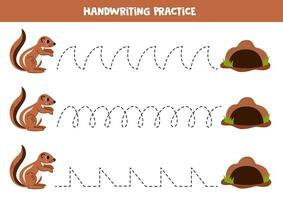 tracé lignes pour enfants. mignonne dessin animé xérus et ses trou. écriture entraine toi. vecteur